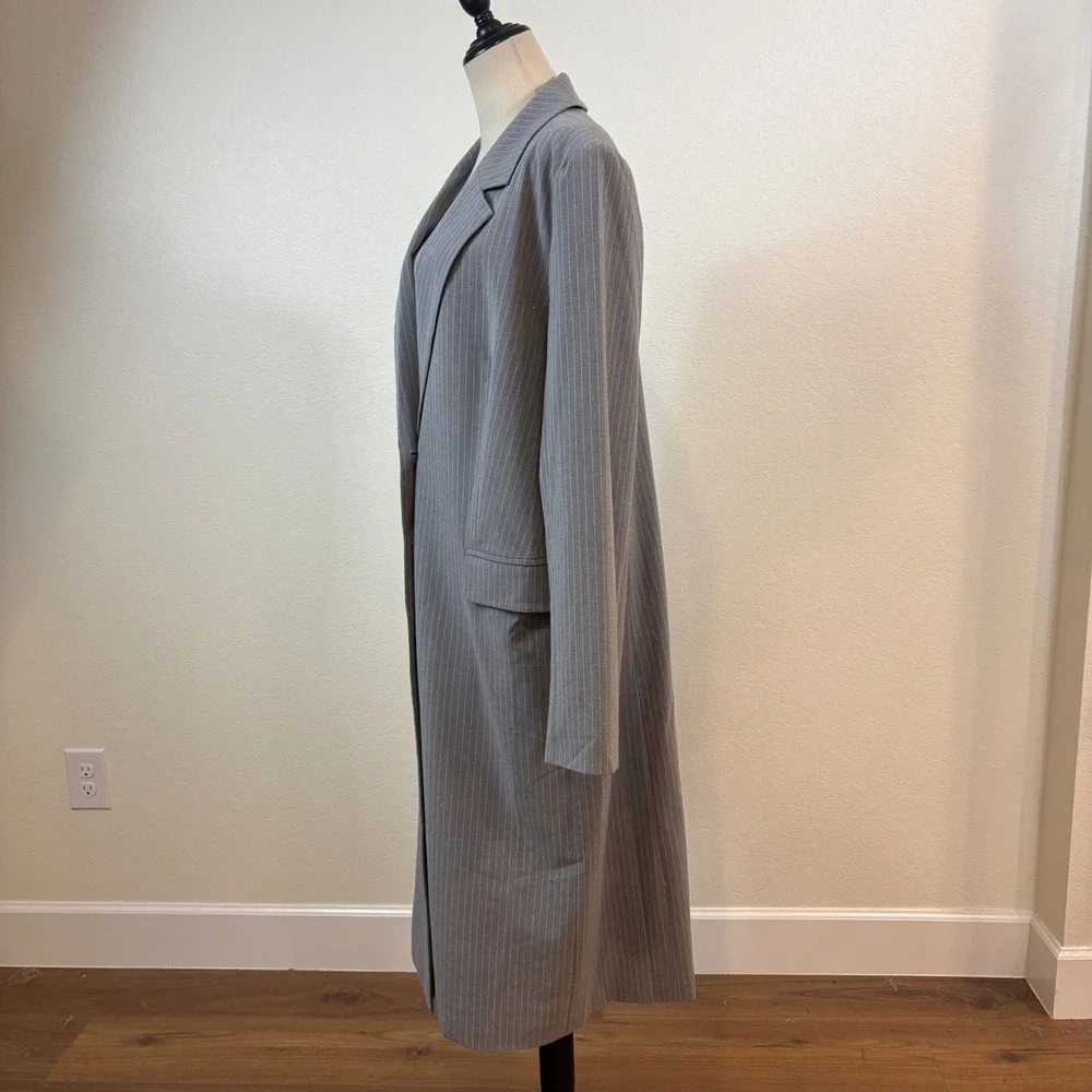 WAYF Pinstripe Longline Blazer Women Large Grey Duster Coat Jacket Minimalist